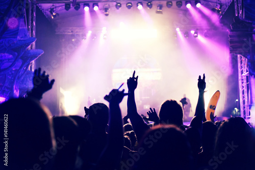 Crowd rocking during a concert with raised arms.