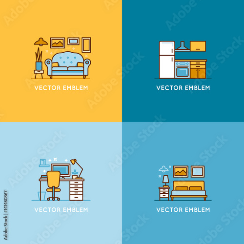 Interior design concept - furniture for workspace, bedroom, living room and kitchen