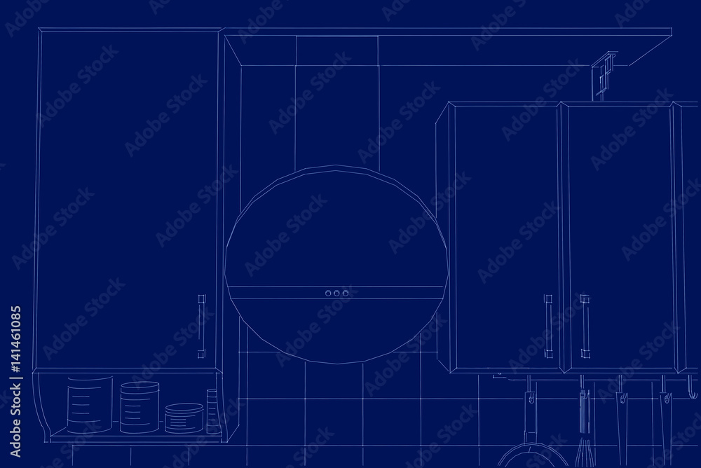 Front view of kitchen cabinetry with round hood. Blueprint. Front view of kitchen cabinetry with round hood. Blueprint.