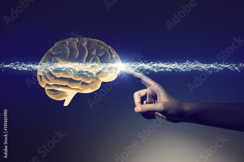 Foto human hand and brain, 3D rendering