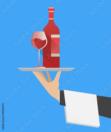 Waiter silhouette arm and hand hold a serving tray and red wine bottle and glass