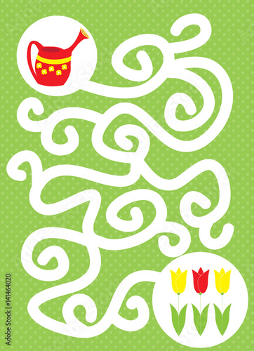 sprung rame with red watering can and tulips / vectors illustration for children