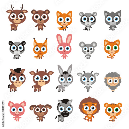 Big set cute animals with big eyes in cartoon style. Vector collection isolated animals on white background.