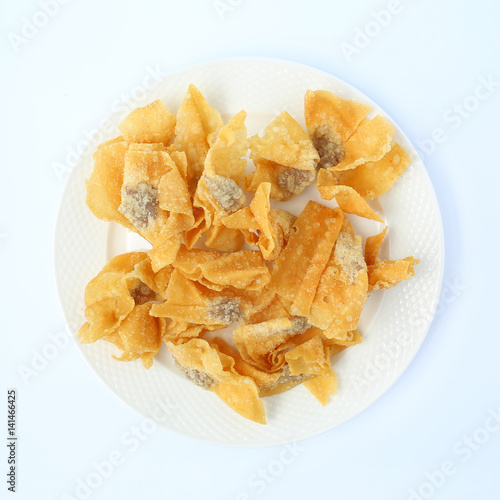 Deep Fried Wonton in white plate, Top view 