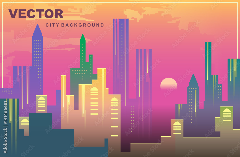 Colorful city panorama of New York in dark blue tones, Silhouettes of buildings, cityscape at night, vector background. Tall buildings, towers, skyscrapers.