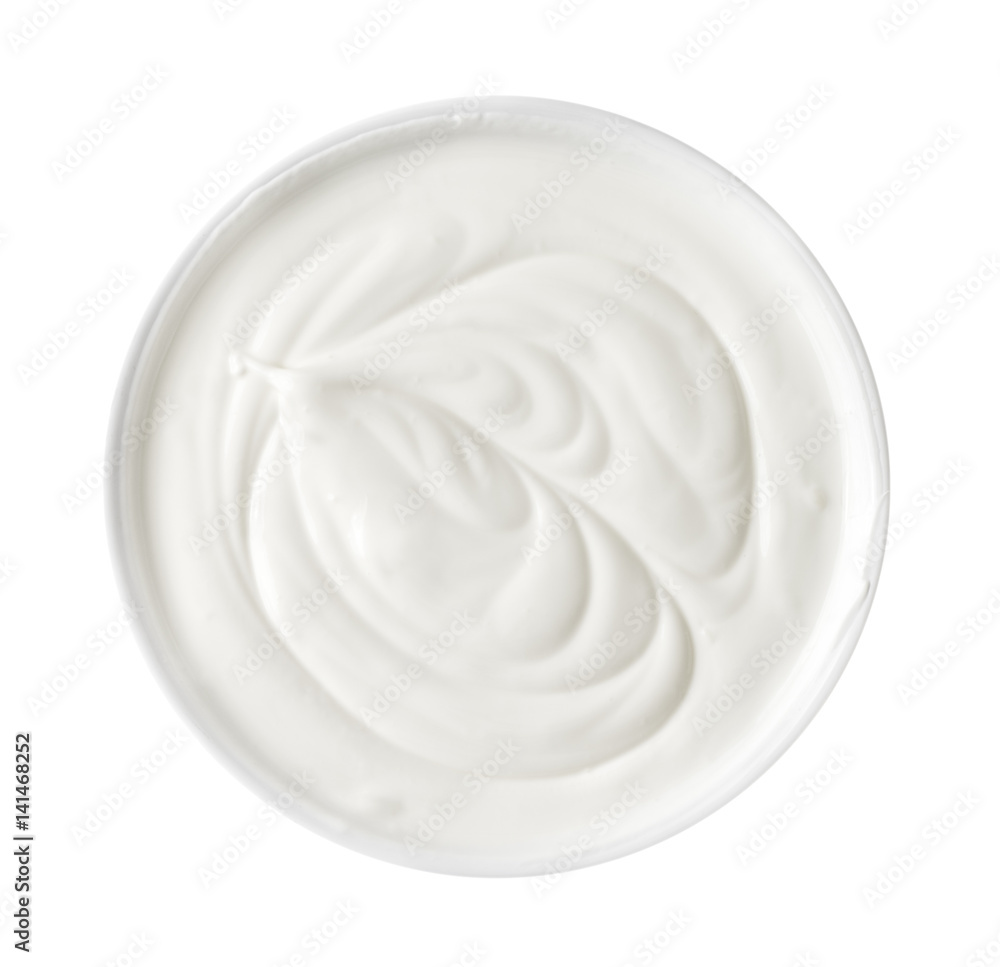 Bowl of Yogurt Isolated on White Background, Top View Bowl of Yogurt Isolated on White Background, Top View