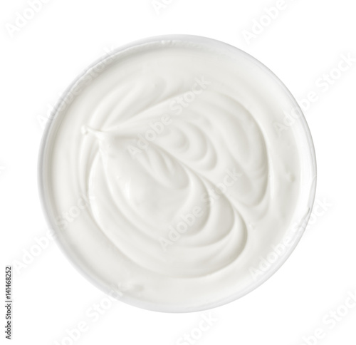 Bowl of Yogurt Isolated on White Background, Top View