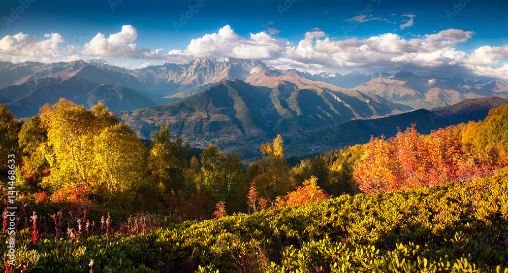 Colorful autumn morning in the Caucasus mountains.