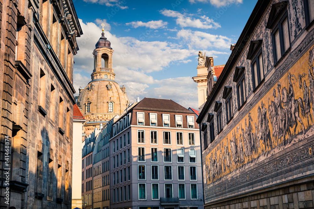 Sunny view of senter of Dresden with historic buildings