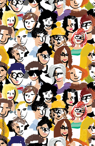 Art faces crowd people seamless pattern.