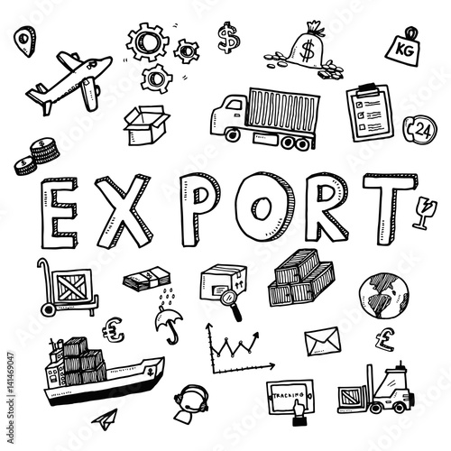 Hand draw export business doodles icon set for global transportation import,export and logistic business concept.