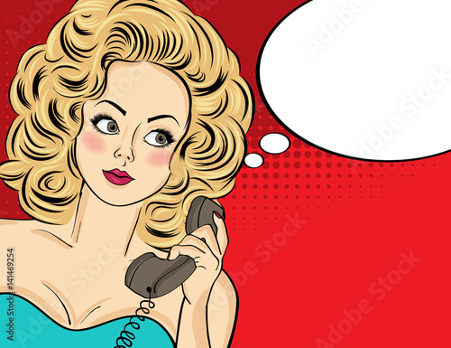 Sexy pop art woman in party dress talking on a retro phone and smile