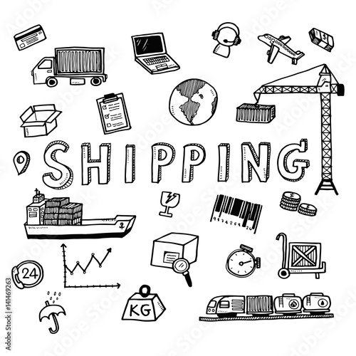 Hand draw shipping business doodles icon set for global transportation import,export and logistic business concept.