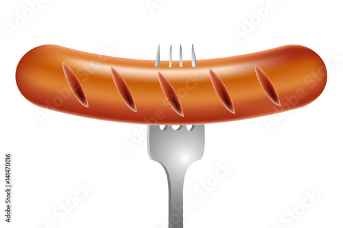 Sausage on a fork, cooked on a grill. Vector illustration executed in a realistic manner.