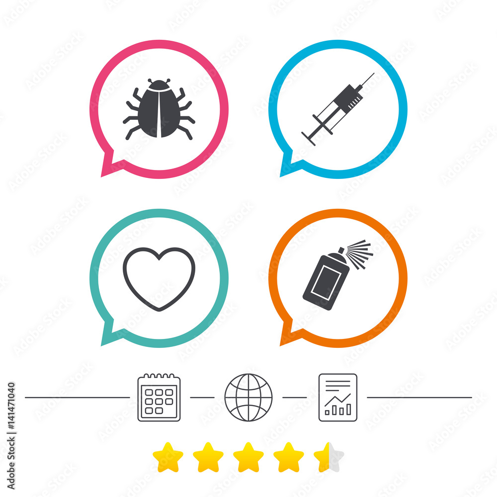 Bug and vaccine signs. Heart, spray can icons.