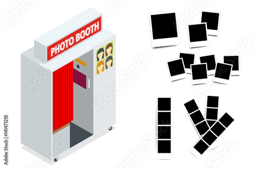 Isometric Compact Photo Booth and Photo frames. Flat 3d isometric illustration. For infographics and design games. Photorealistic and Template photo design.