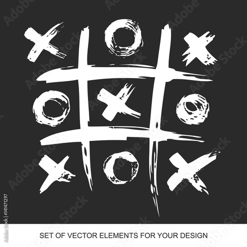Tic Tac Toe. Painted Grunge Ink Blots Brush Texture Isolated. Background handmade design elements.