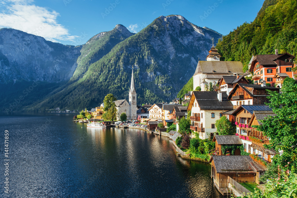 View from height on Hallstatt town between the mountains. Austria
