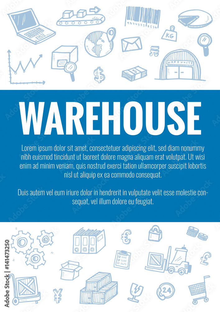 Vector template for warehouse theme with hand drawn doodles logistic business icons in background.Theme concept for global transportation import,export and logistic business industry