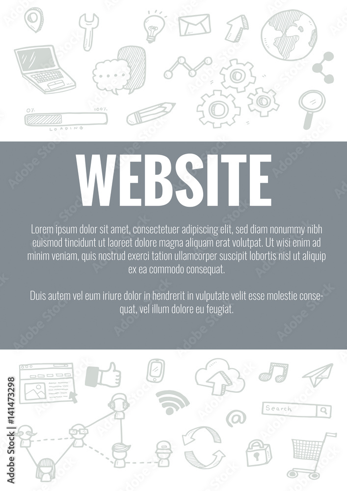 Fototapeta premium Vector template for website theme with hand drawn doodles business icon in background.Concept for business idea,startup and innovation internet of things technology.