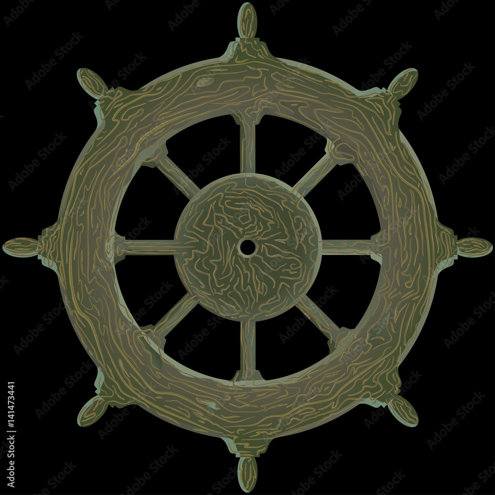 Vintage wooden ship steering wheel isolated on a white background