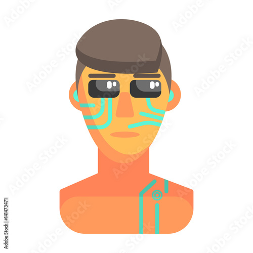 Humanized Android Portrait With Electronic Elements, Part Of Futuristic Robotic And IT Science Series Of Cartoon Icons