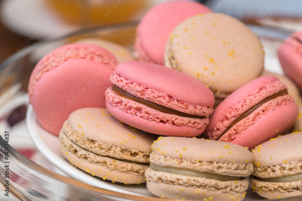 Gentle macaroons on table close-up Gentle macaroons on table close-up