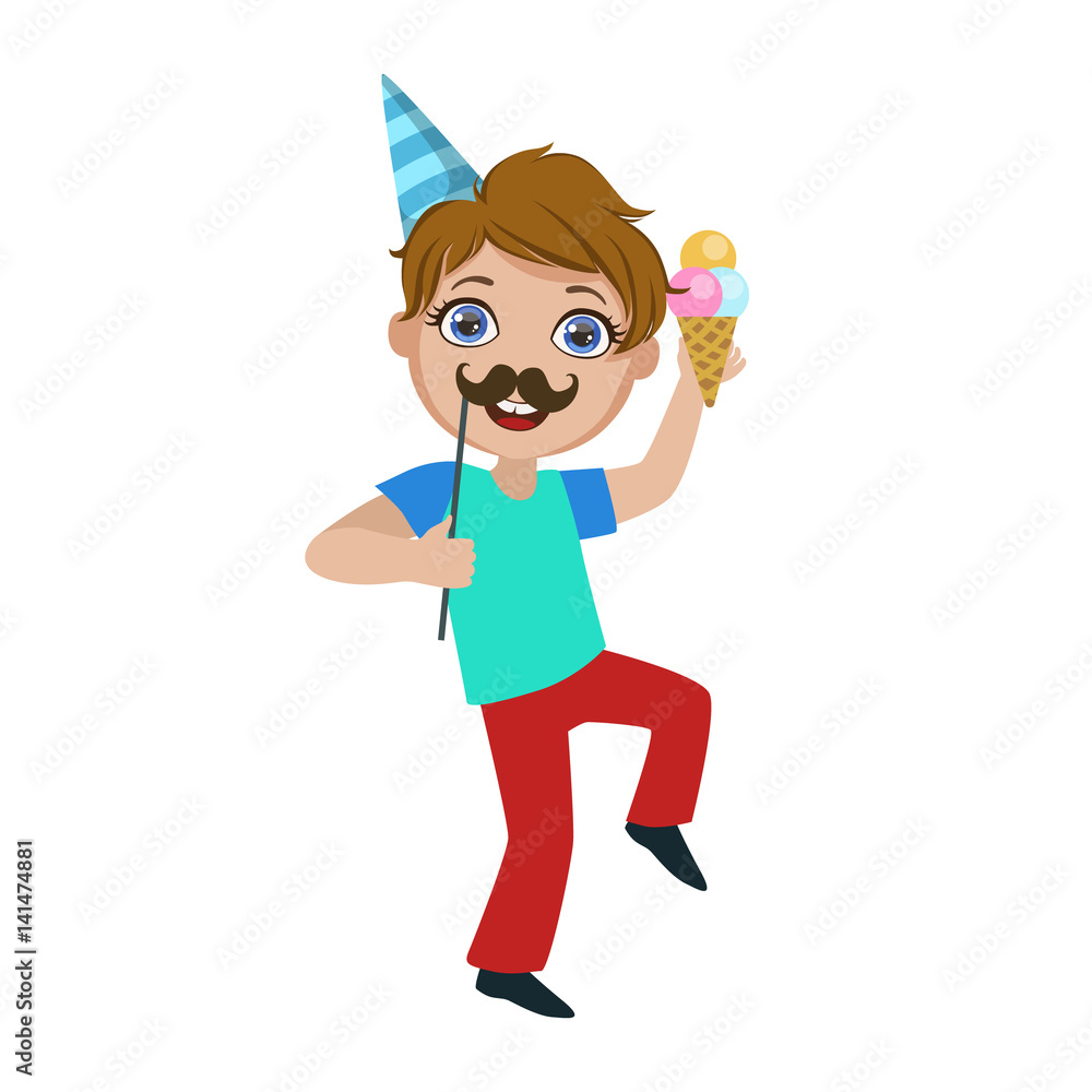 Boy With Ice-cream And Moustache, Part Of Kids At The Birthday Party Set Of Cute Cartoon Characters With Celebration Attributes