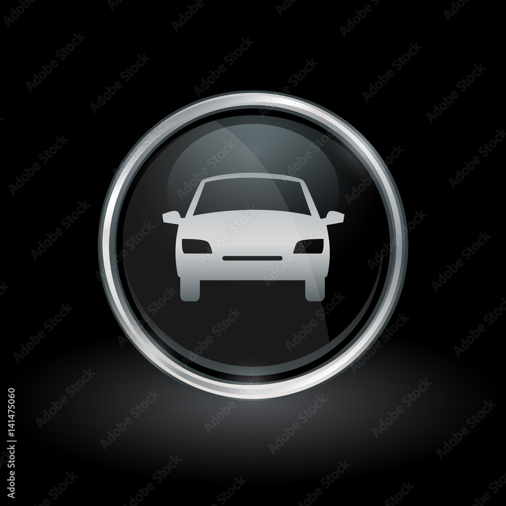 Motor vehicle symbol with sedan car icon inside round chrome silver and black button emblem on black background. Vector illustration.
