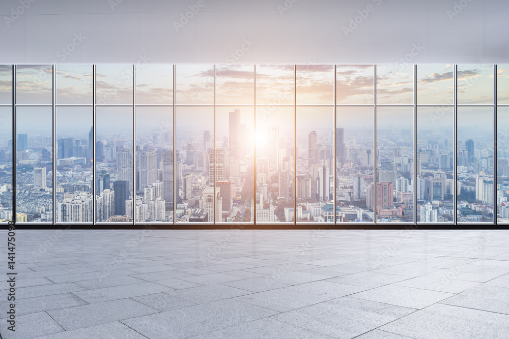 Fototapeta premium Panoramic skyline and buildings at night from glass window