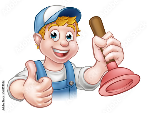 Cartoon Handyman Plumber Holding Plunger