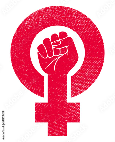 female gender symbol and raised fist feminism vector icon or logo design illustration