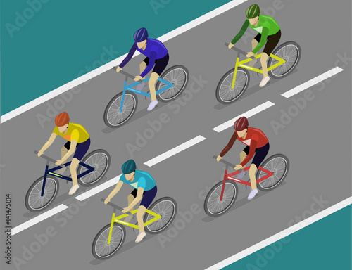 Isometric flat group of cyclists man in road bicycle racing.