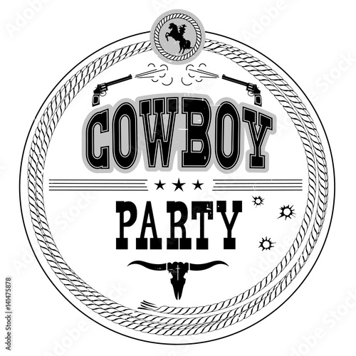 Cowboy party western label isolated on white.Vector vintage card background with guns