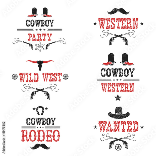 Set of cowboy labels and western symbols