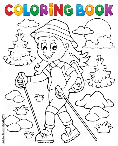 Coloring book woman hiker theme 1