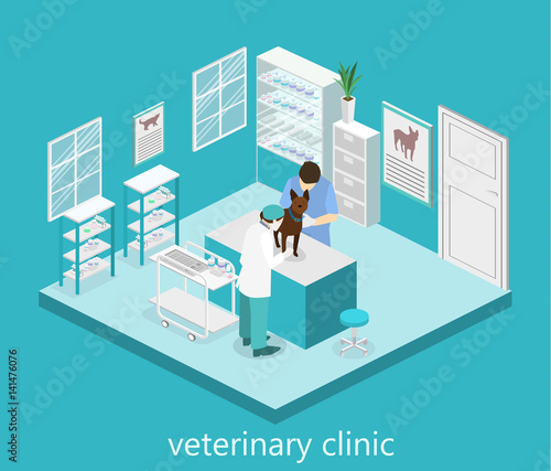 Flat 3D illustration Isometric interior of veterinary clinic.