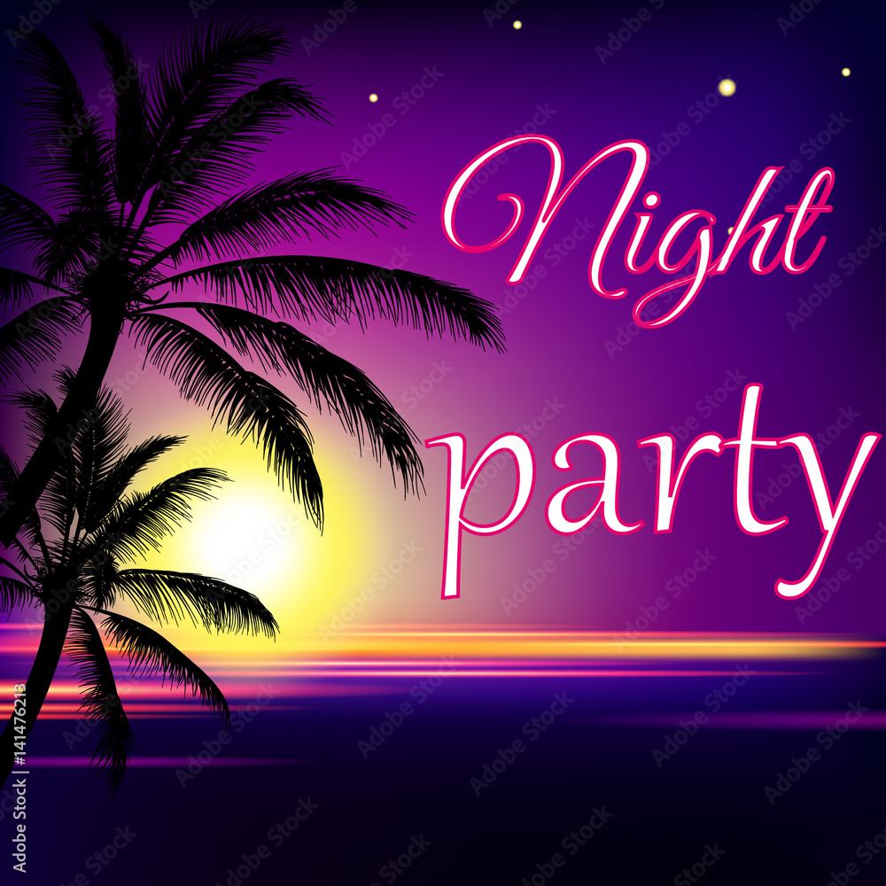 Fototapeta premium Vector summer illustration with palm trees on purple sky, setting sun and sea horizon. The inscription is a night party.