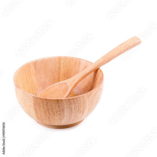 Close up of wood empty bowl (wooden bowl) isolated on white background.