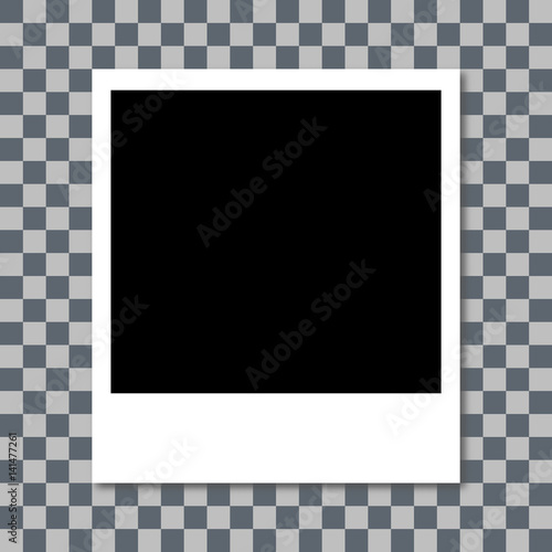 Photo frame with shadow. white plastic border. transparent checkerboard background. vector illustration