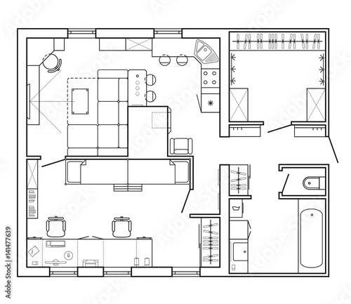 Black and White architectural plan of a house. Layout of the apartment with the furniture in the drawing view. With kitchen and bathroom, living room and bedroom. Graphic design elements. Vector