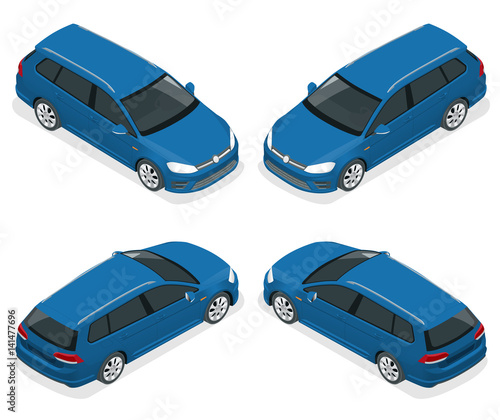 5-door Hatchback car isolated. Vector isometric icons set. Template on white background. The ability to easily change the color. Urban transport.