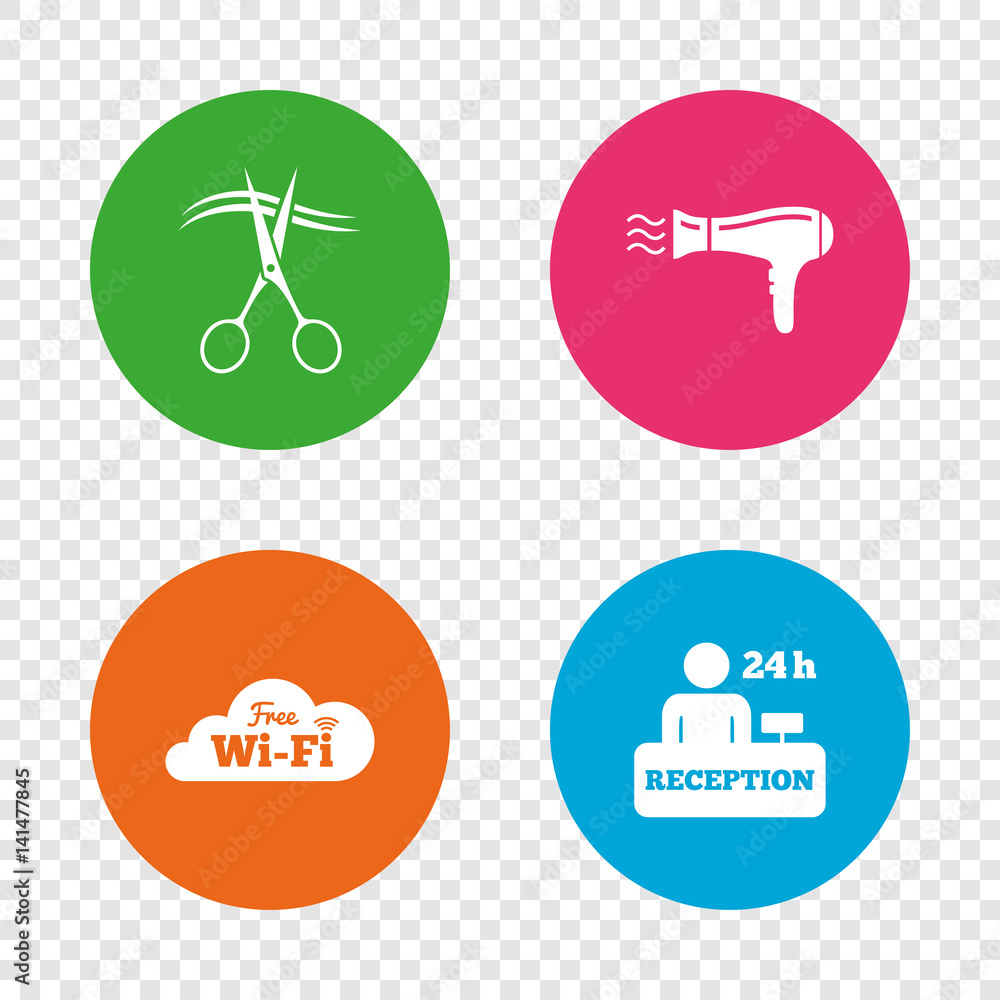 Hotel services icon. Wi-fi, Hairdryer. Hotel services icon. Wi-fi, Hairdryer.
