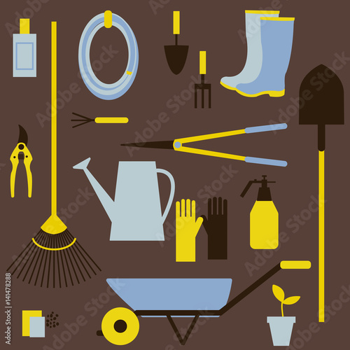 Garden tools. Watering can, bucket, secateurs, spade, rake, shovel, seeds, garden wheelbarrow, rubber boots, gloves. Vector pattern