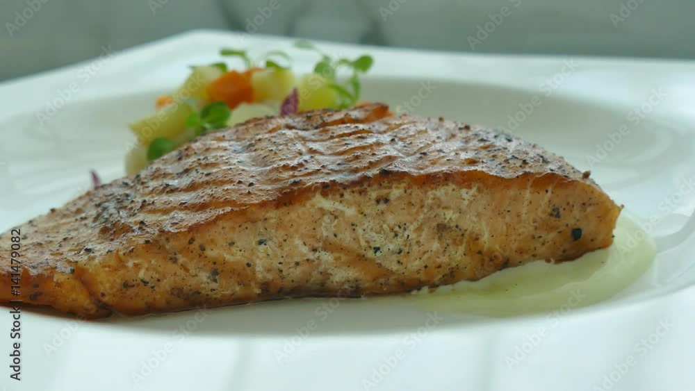Grilled Salmon meat steak with sauce
Grilled Salmon meat steak with sauce
