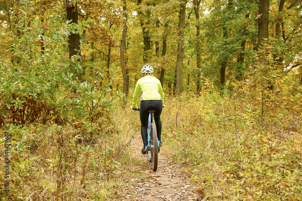 Female mountain biker. Rear view shot of a female cyclist out for a ride on her mountain bike in the forest. Female mountain biker. Rear view shot of a female cyclist out for a ride on her mountain bike in the forest.