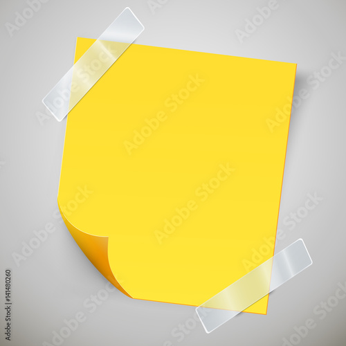 Yellow sticky note with the curled corner and adhesive tape.