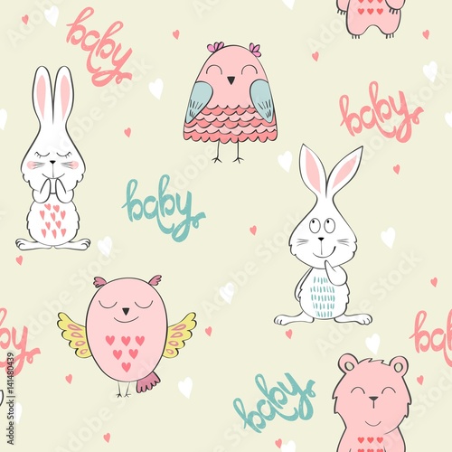 Vector seamless pattern with cartoon cute animals.