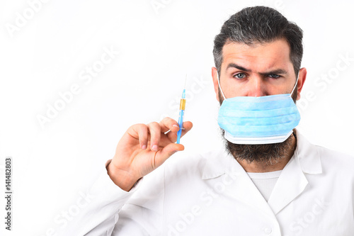 Bearded brutal caucasian doctor or postgraduate student