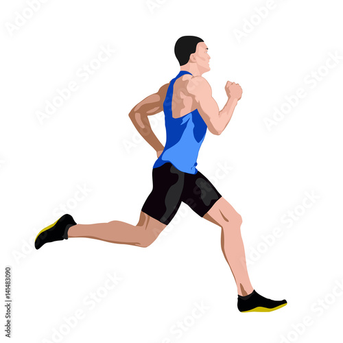 Running man in blue jersey profile, side view. Abstract vector illustration